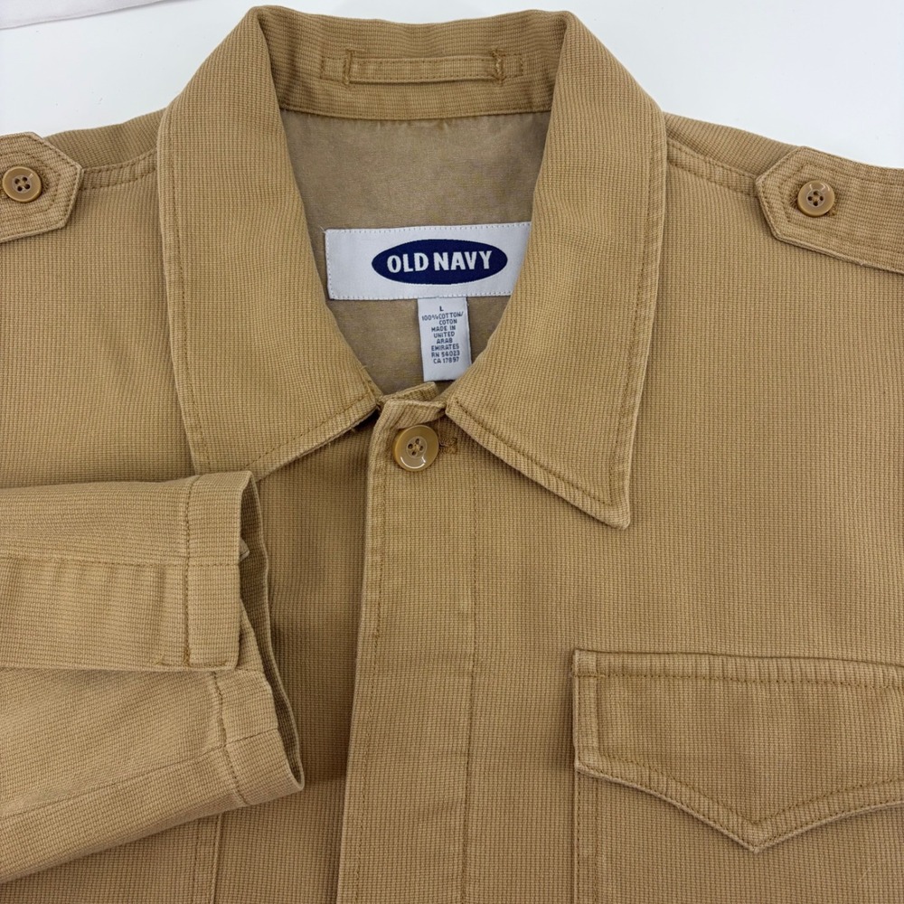 Old Navy Mens L Tan Khaki Cotton Utility Field Jacket Military Epaulet Workwear
